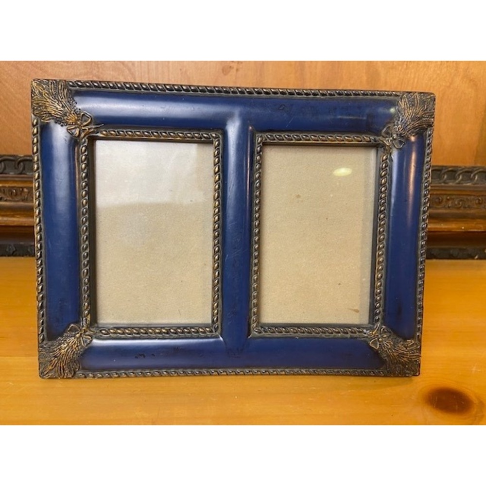 Vintage Blue and Gold Double Photo Frame 2-Opening Tabletop Wall Mount 8x6